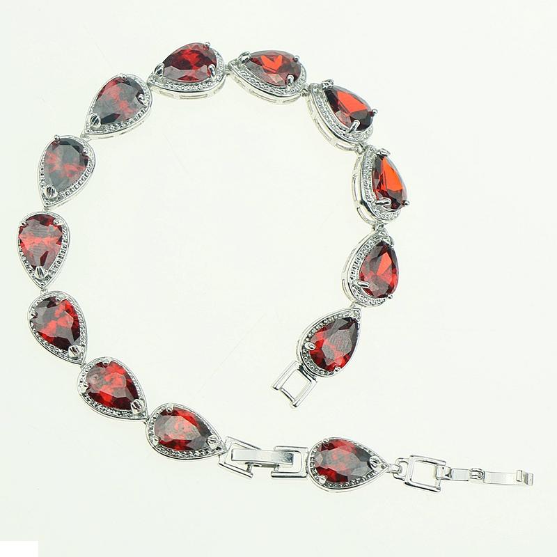 Water Drop Red Garnet CZ 925 Silver Jewelry Length 21cm Link Chain Bracelet for Women Free Gift Box