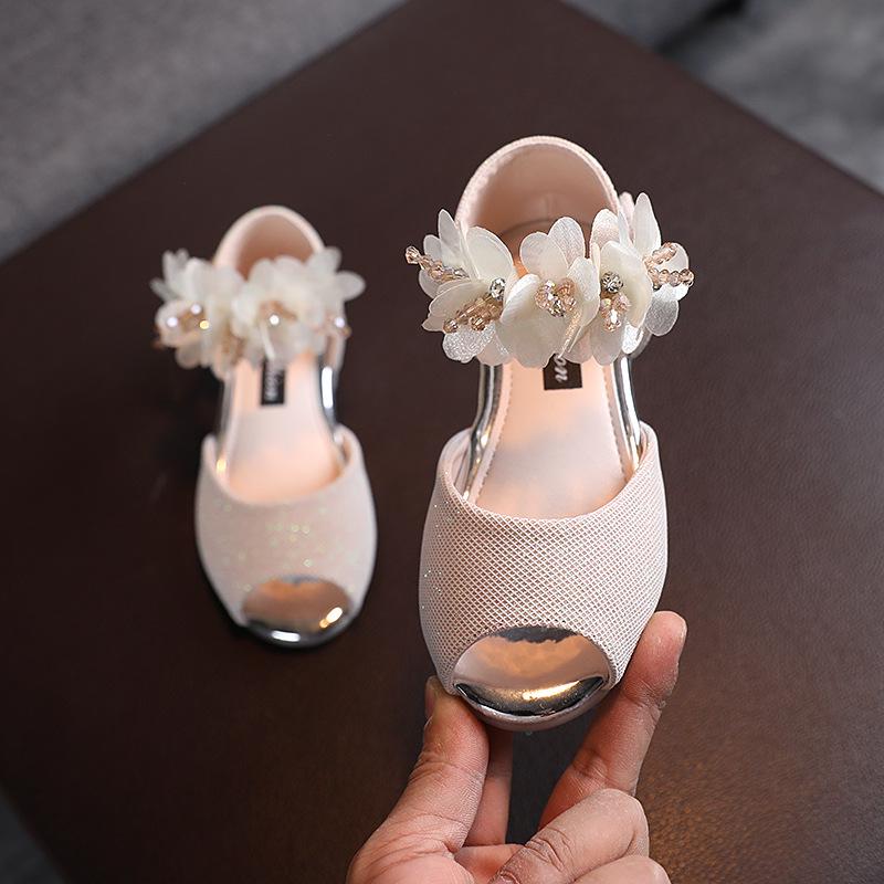 Girls' Summer Rhinestone Flower Sandals - Soft Sole Princess Dance Shoes