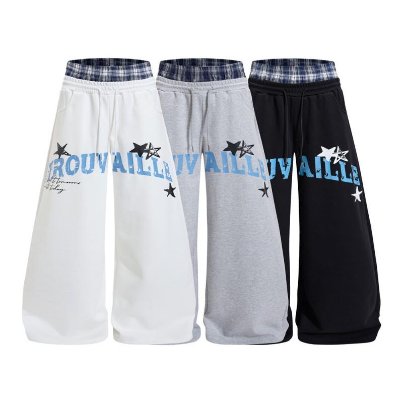 Mens Loose Wide-Leg Curved Pants Streetwear Star Letter Print Casual Trousers