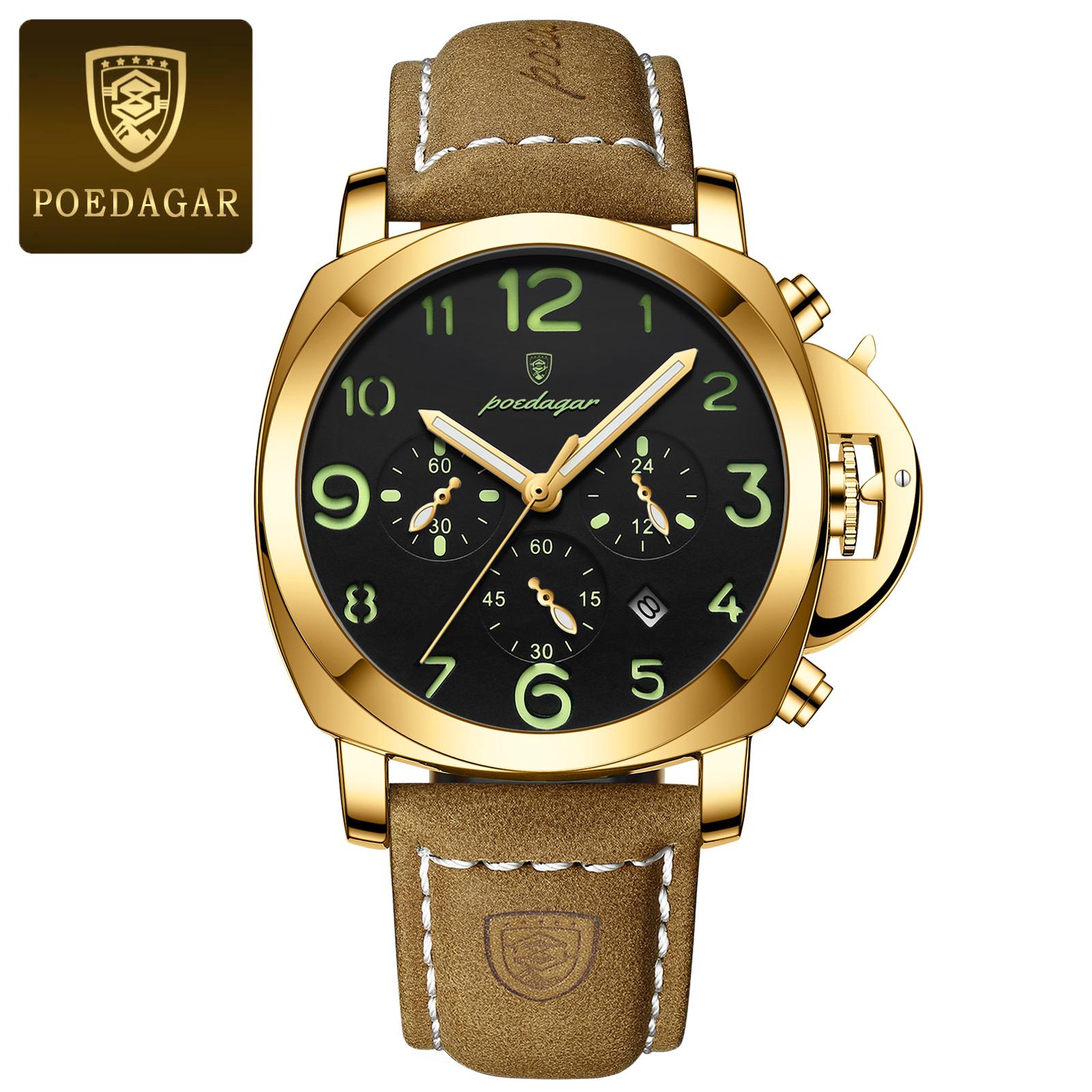 

POEDAGAR Luxury Military Watch for Men Waterproof Luminous Leather Watch Quartz High Quality Sports Watches Male Reloj чёрный/золотой