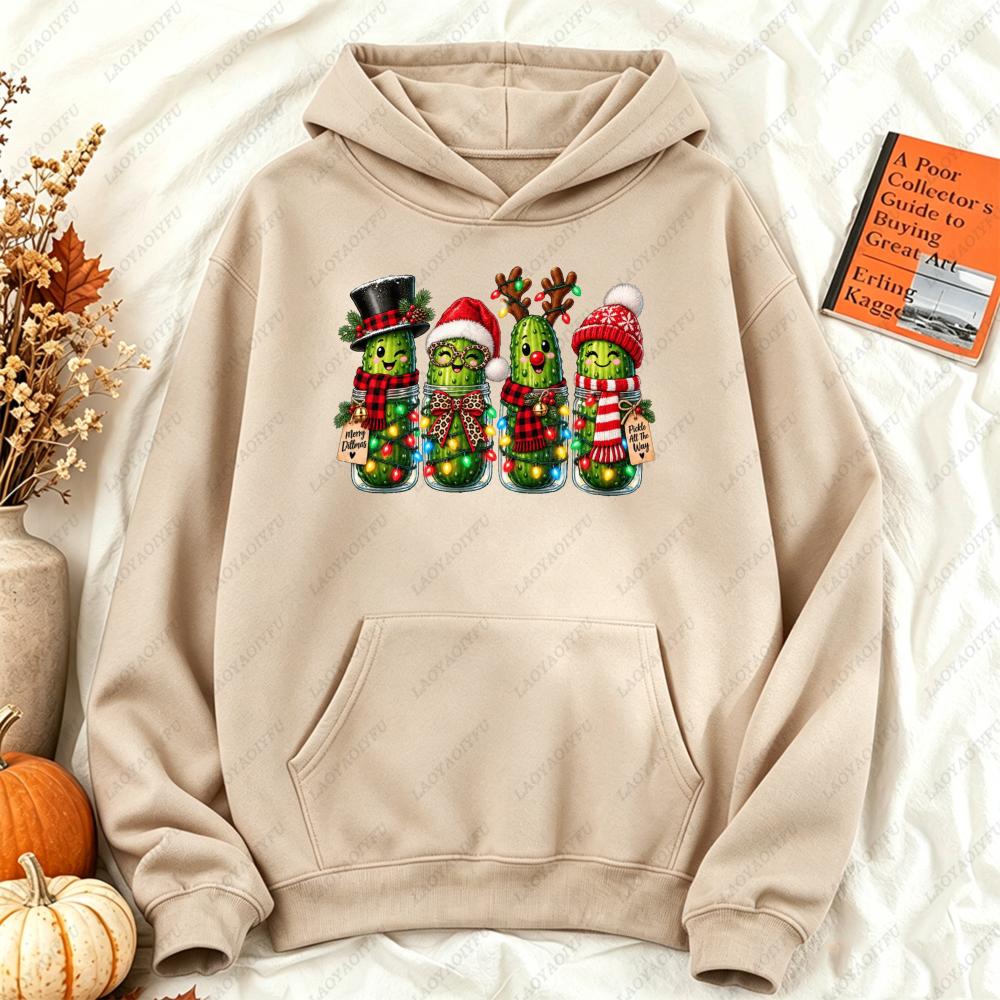 Christmas Pickle Family Funny Pickle Jar Xmas Graphic Hoodie Women Casual Long Sleeve Pullover Humorous Winter Clothes Women