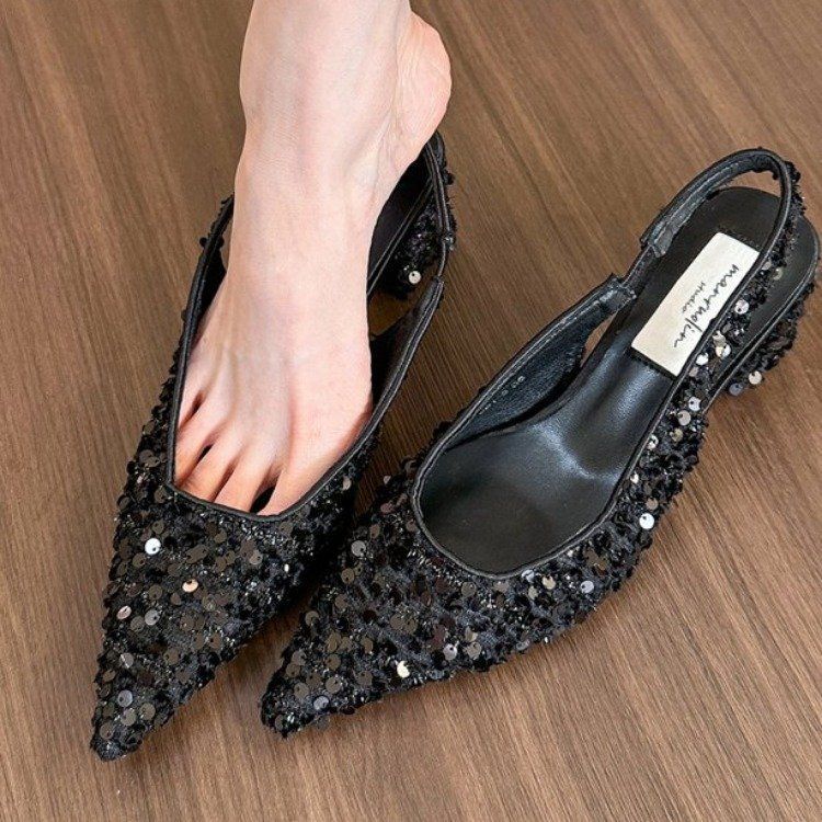2025 spring new pointed sequined thick heel non-slip sandals women's spring and summer bag head rear empty shallow mouth casual women's sandals