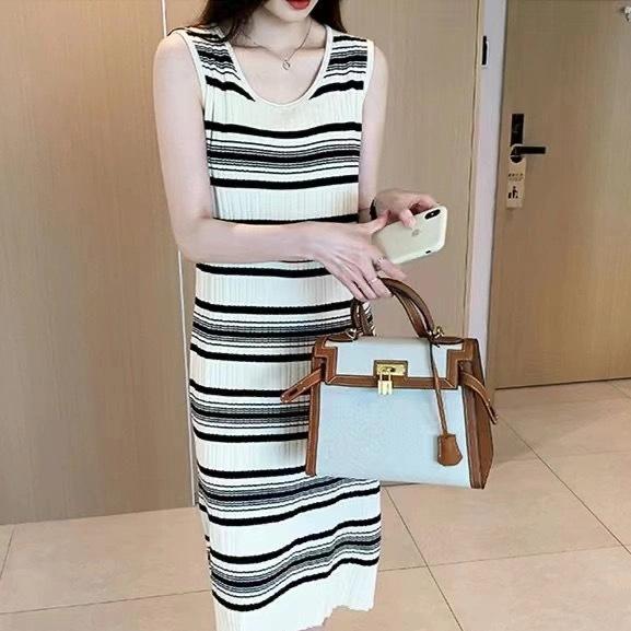 New striped knitted dress French design sense temperament thin sleeveless vest skirt medium and long versatile