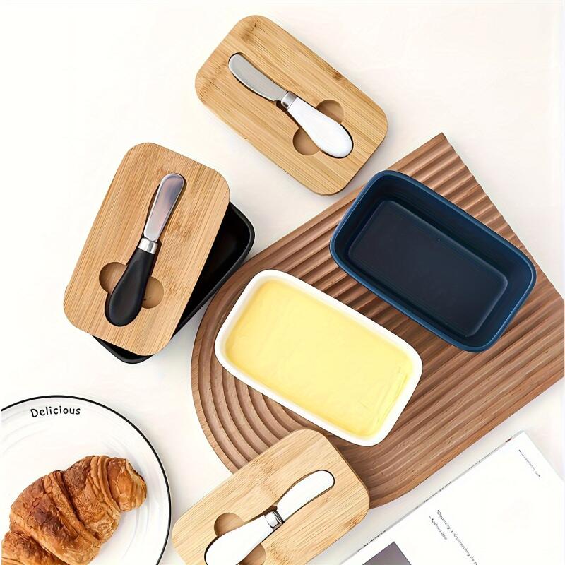 Ceramic Butter Boxes Dishes Cans Cheese Trays Vertical Containers Kitchen Food Storage Containers with Round Wooden Covers Boxes