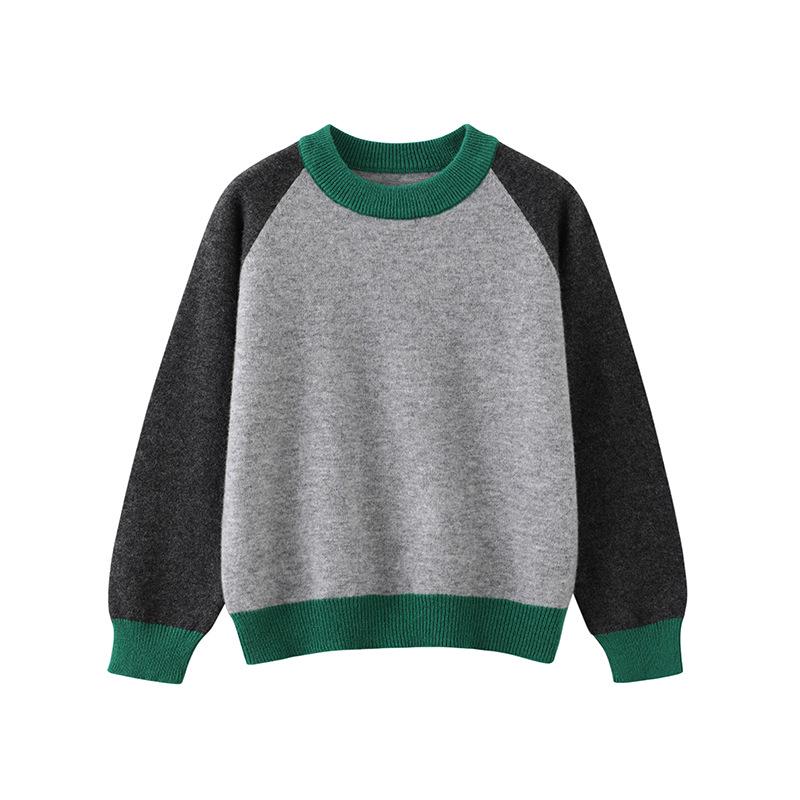 100% Wool Color Block Crew Neck Sweater for Boys & Girls - 2025 Autumn/Winter Collection