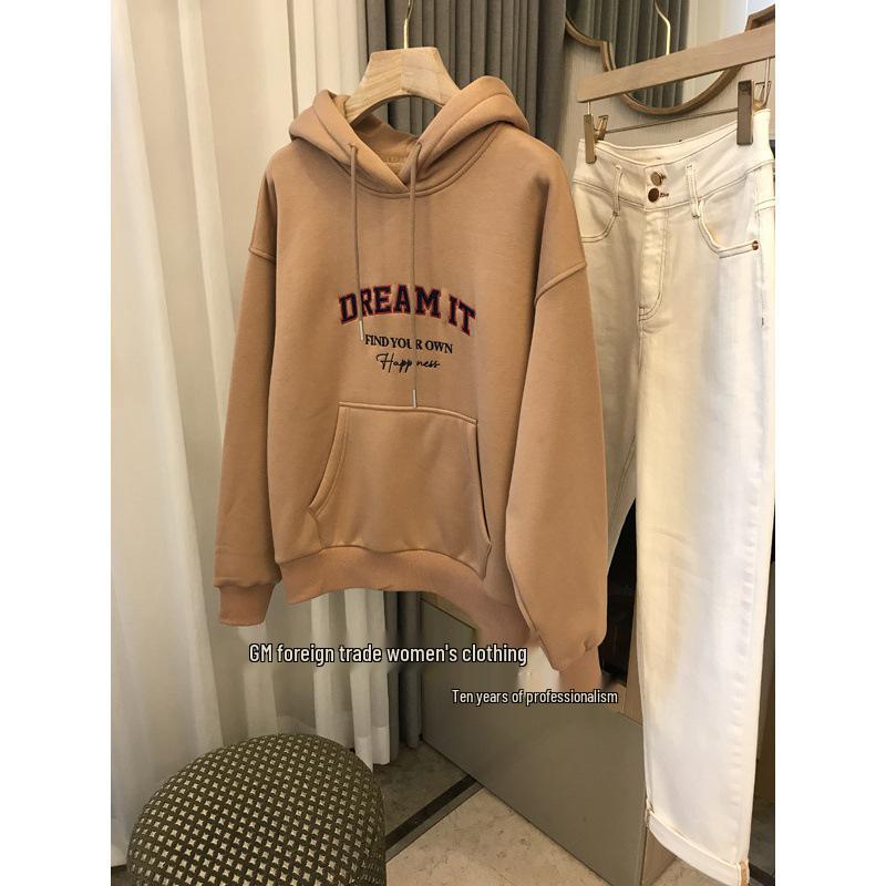 

Трендовая осенне-зимняя толстовка с капюшоном на бархатной подкладке для женщин: Свободный, Стильный, Ленивый Дизайн. M