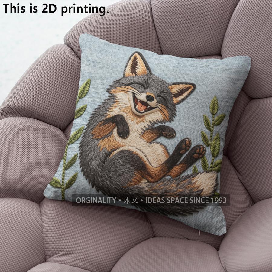 

Cute Laughing Fox Embroidery Style Throw Pillow Covers Pattern Cushion Cover Suitable for Sofa Bedroom Car Pillow Cover 40x40cm