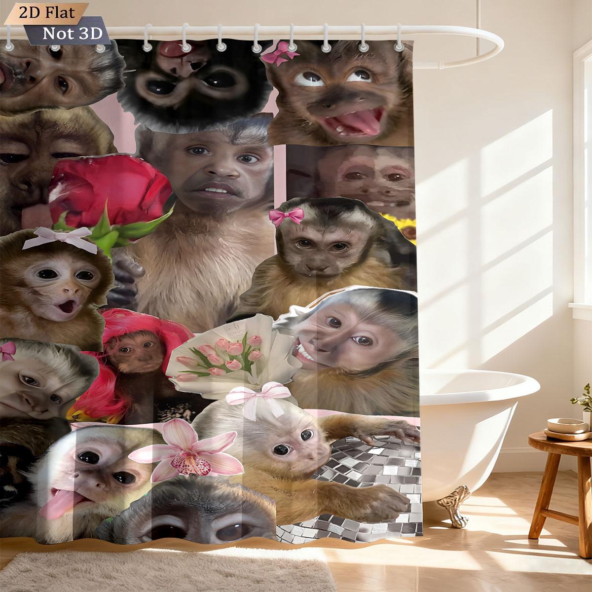

1pc Cute And Funny Monkey Print Waterproof Shower Privacy Partition Shower Curtain With 12 Hooks Multiple Sizes Machine Washable 90x180cm