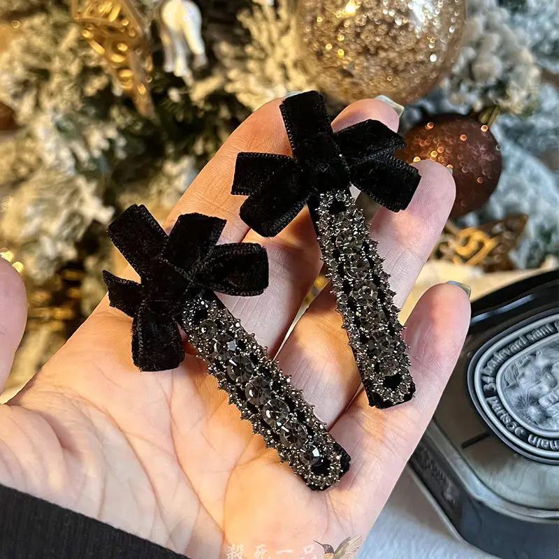 2Pcs Sweet Bow Rhinestone Hair Clips Girls Kawaii Cute Headwear Velvet Bowknot Duckbill Clips Kids Sided Clips Bangs Hairpin