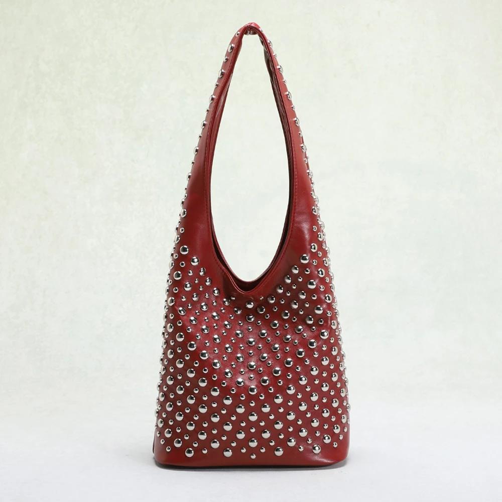 Leopard Rivet Bucket Bags for Women Handbags Luxury Designer Soft Shoulder Bag Punk Studded Shopper Purses Female Clutch Tote