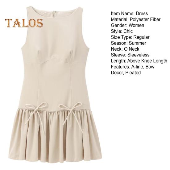 Sommerkleid für Damen, ärmellos, Schleifendekor, plissiert, A-Linie, einfarbig, Minikleid mit Reißverschluss auf der Rückseite, O-Ausschnitt, Westenkleid für Dating-Party