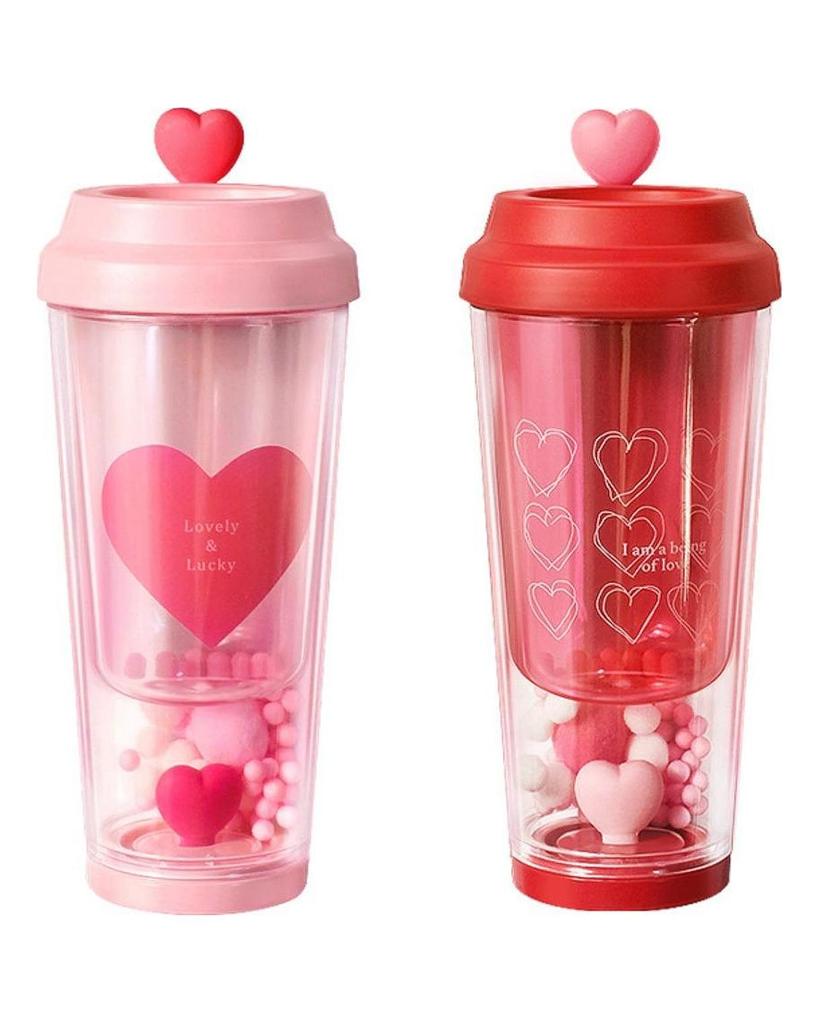 Heart Portable Cup Drinkware Leakproof Double Layer 435ml Tea Bottle Love Coffee Mug for Car Party