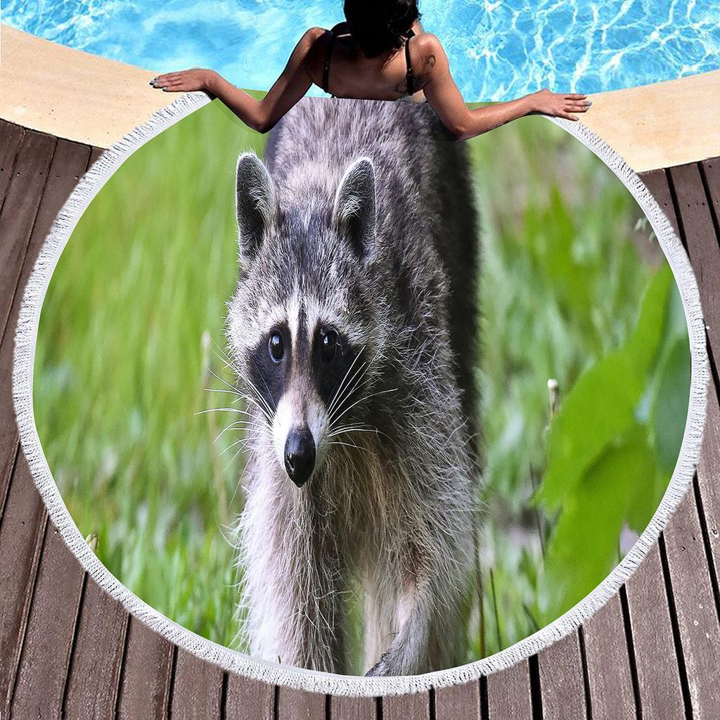 Wild Animal Raccoon Round Beach Towel Soft Microfiber Beach Blanket Sand Free Quick Dry Circle Bath Towel Absorbent Yoga Mat
