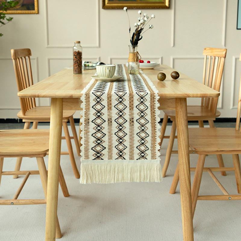 Bohemian Table Runner,Rustic Linen, Boho Table Runners,Braided Striped, Handmade Table Runners with Tassel for Wedding, Dinning