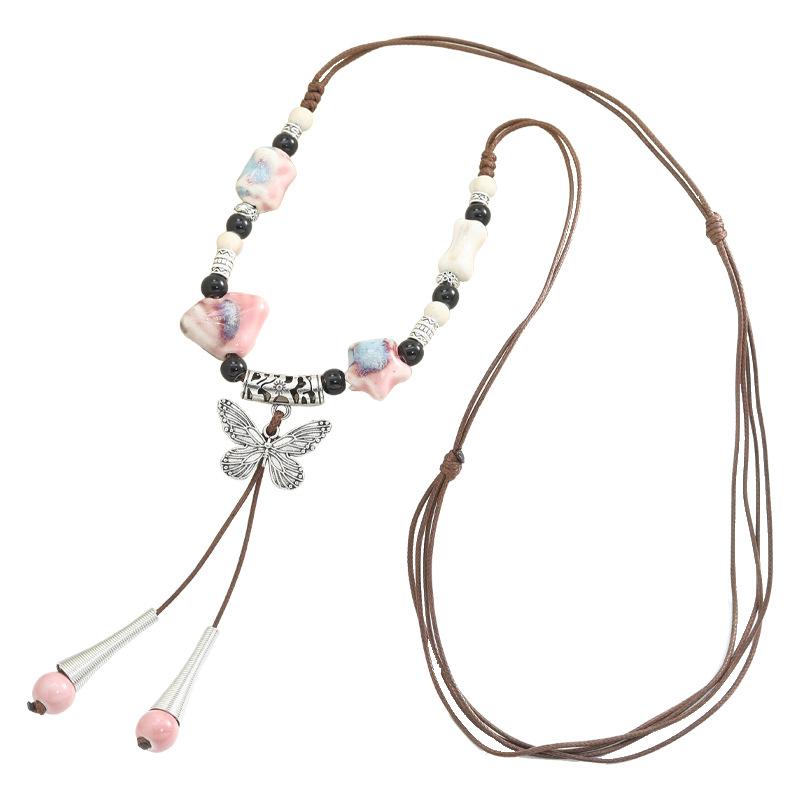 Ceramic Beaded Butterfly Pendant Necklace, Retro Ethnic Style Long Sweater Chain