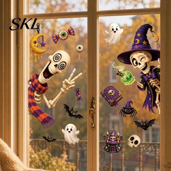 Halloween Window Stickers 2 Sheets Clings, Cartoon Skeleton Static Stickers, Funny Bat And Pumpkin Decals Ghosts Bats Pumpkins for Glass Doors Windows