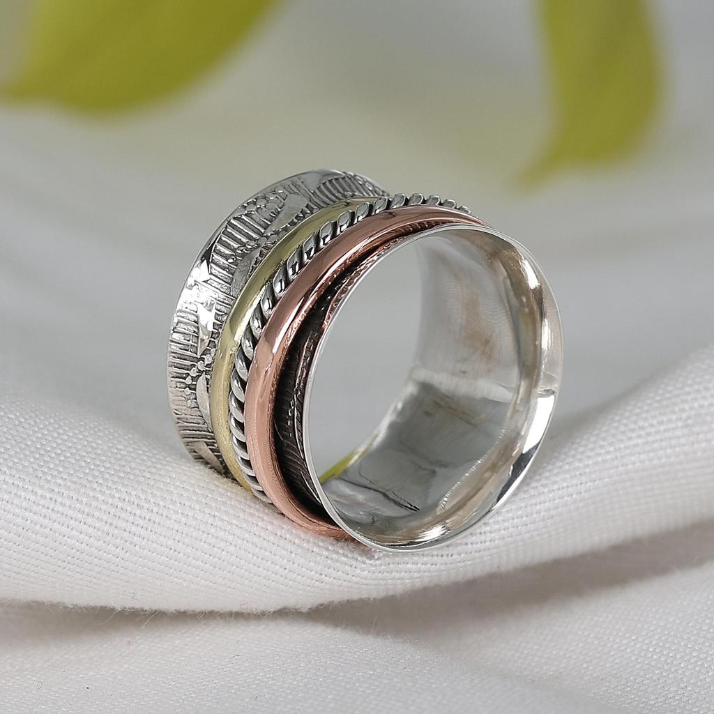 Sterling Silver Spinner Ring, Meditation Jewelry, Three Tone Band Ring, Anxiety Ring