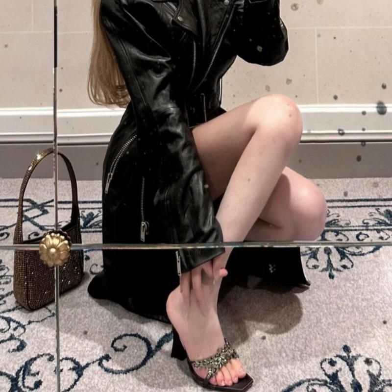 Fashion New Sexy Women's High Heel Sandals Summer Crossed Rhinestone Square Head Open-toed Super High-heeled Mules Slides 9cm