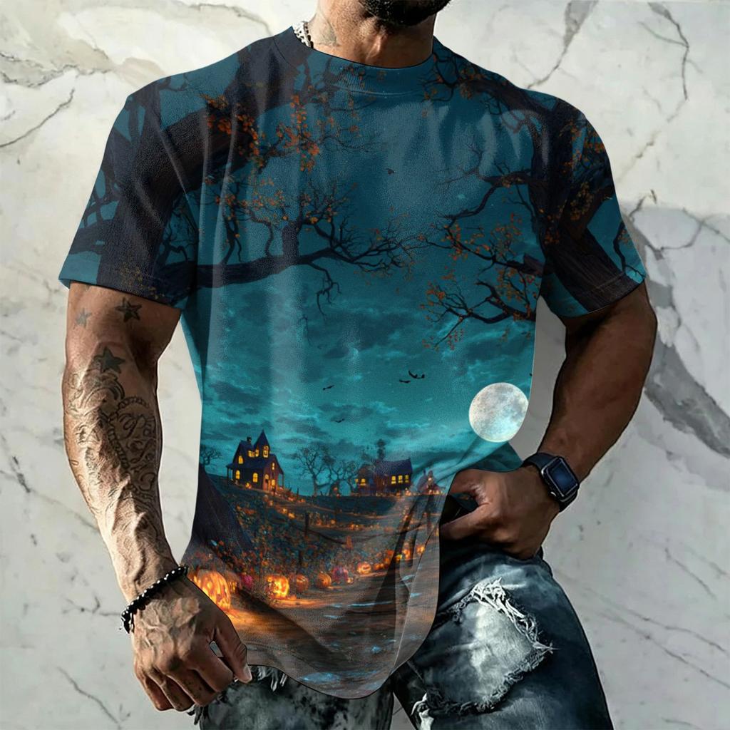 Men's Halloween Print Vintage Texture Short Sleeve T Shirt Loose Breathable Summer Sports Street Casual Daily Wear Top