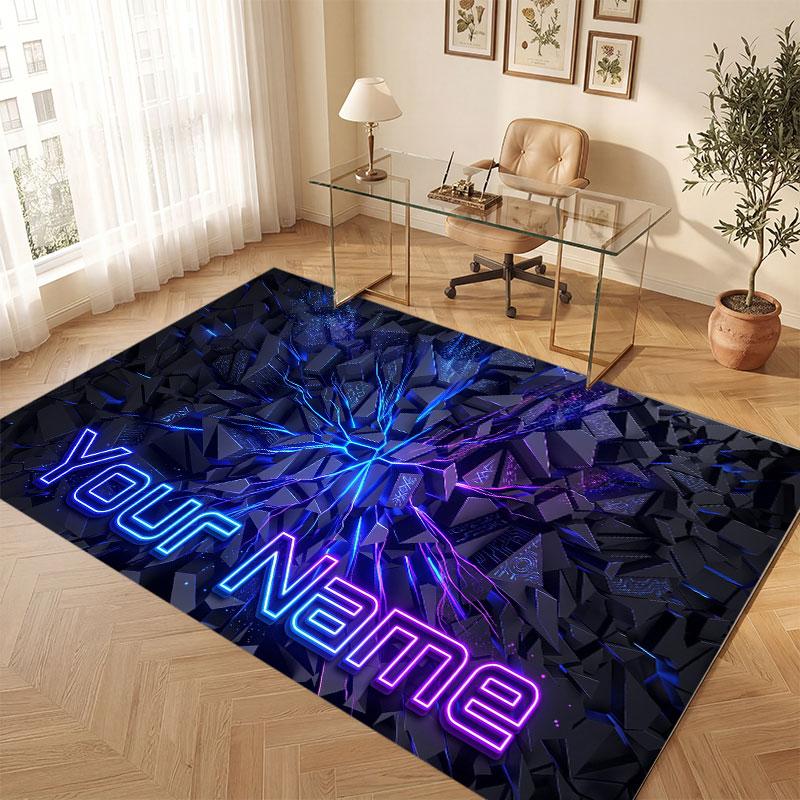 Neon Colorful Theme Crystal Velvet Floor Rug Personalized Custom Name Text Warm Carpet Home Decoration