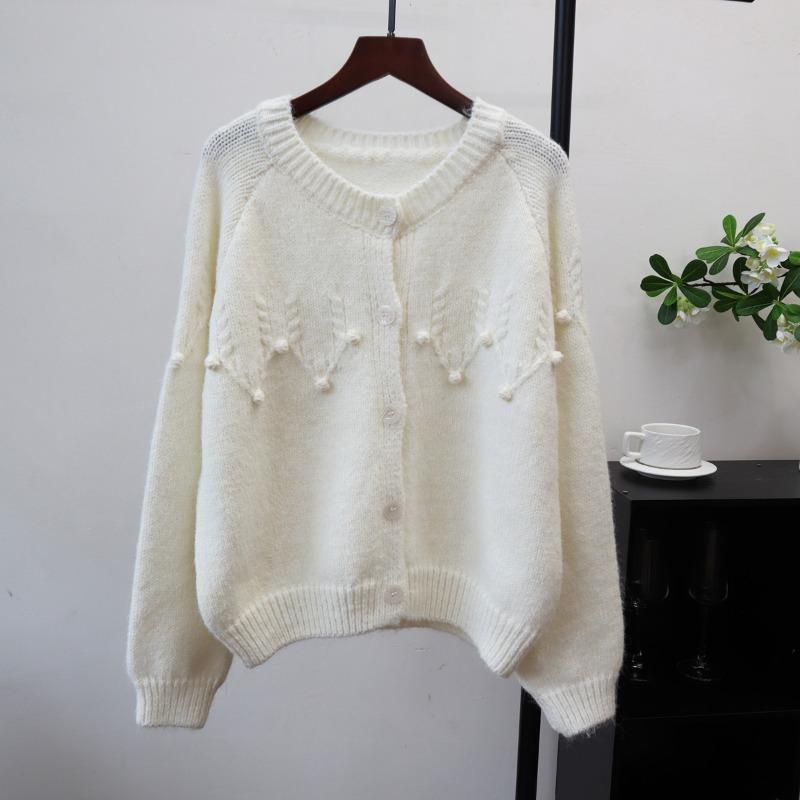 Autumn and winter new design sense heavy industry crochet knitted cardigan loose soft waxy crew neck sweater jacket women