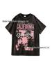 Women's Distressed Washed Cotton T-Shirt - Short Sleeve, Loose Fit, Trendy American Style with Round Neck and Print.