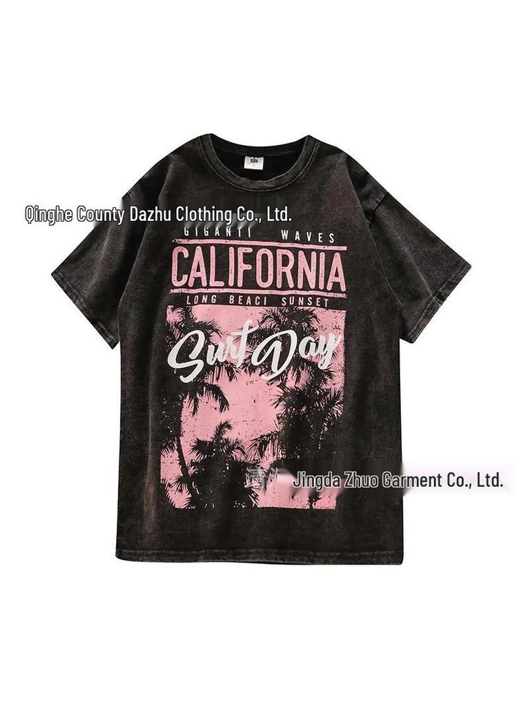 Women's Distressed Washed Cotton T-Shirt - Short Sleeve, Loose Fit, Trendy American Style with Round Neck and Print.