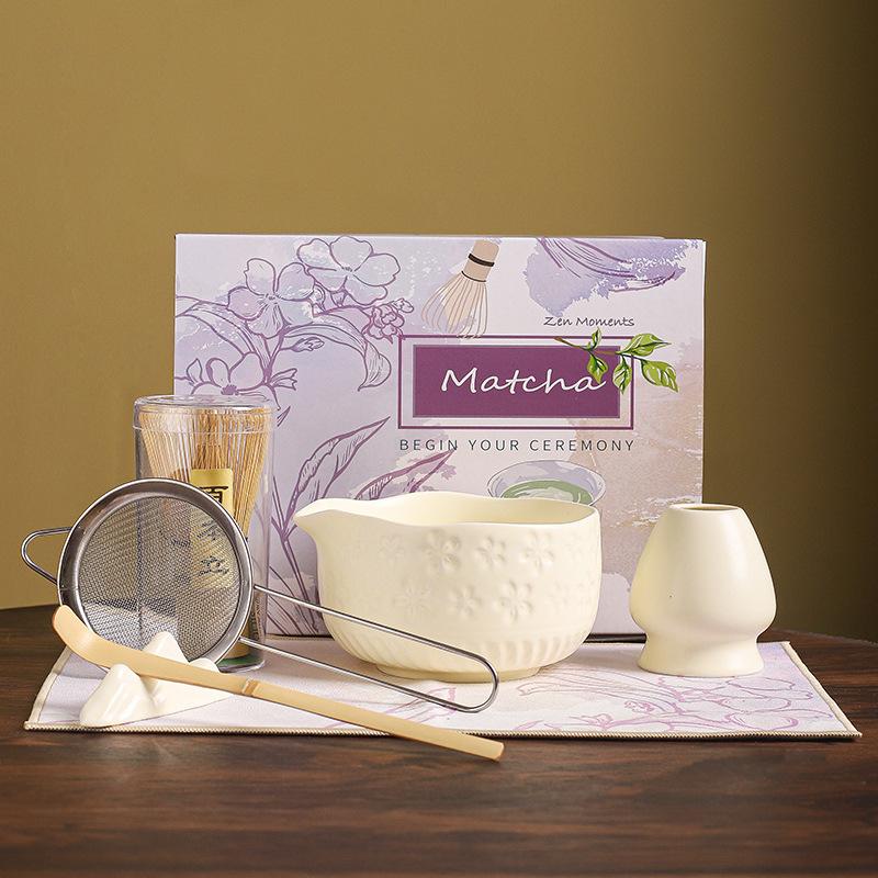 

Керамический набор для матча в японском стиле, чаша с рельефным изображением цветущей сакуры с широким краем, набор из 7 предметов, высокая ценность