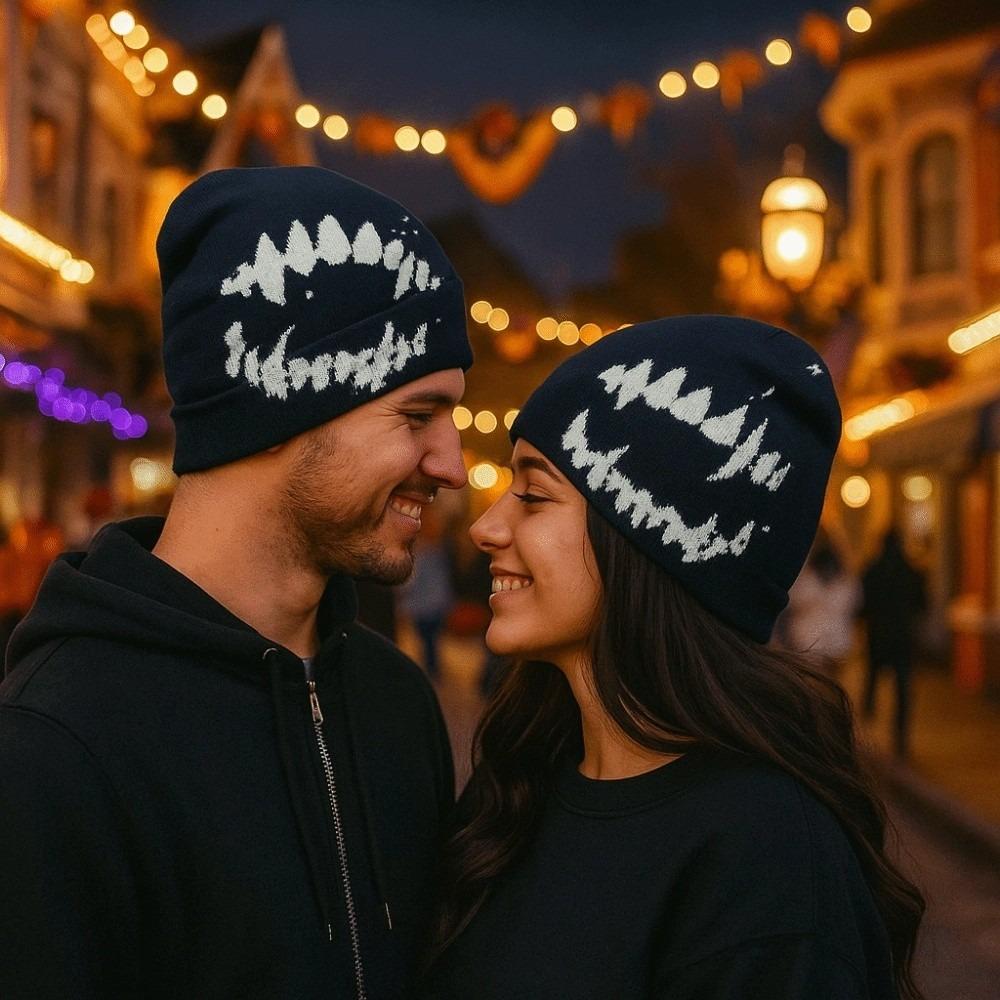 Elastic Y2K Knitted Hat Halloween Black White Pullover Cap Personality Brimless Beanie Cap  Warmer