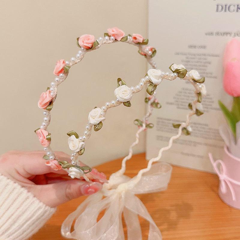 Pearl Flower Satin Hairband Adult Children's New Joker Go Out Hair Accessories Girl Fairy Sen Sweet Headband.
