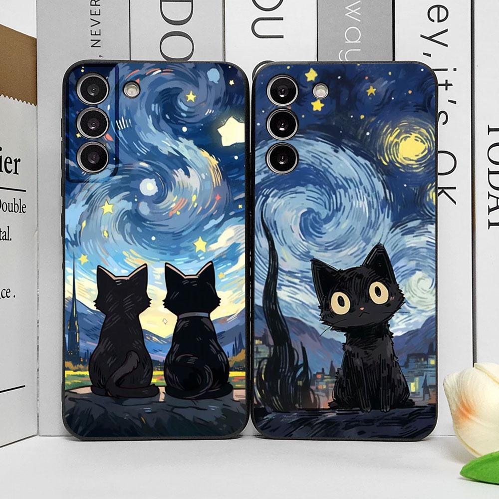 Künstlerische Schwarze Katze Sternennacht Handyhülle für Samsung S24 S23 S22 S21 S20FE Plus Ultra Cover für Samsung Galaxy S25 Edge Fundas