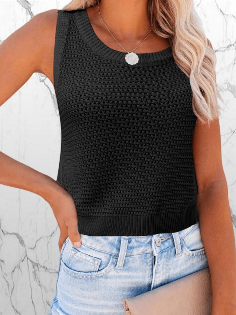 Ärmelloses gehäkeltes Tanktop für Damen Rundhalsausschnitt Ausgeschnitten Lässig Sommer Pullover