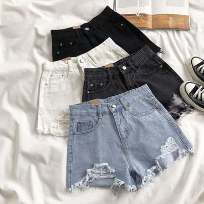 Pantaloncini di jeans da donna estivi a vita alta a trapezio tinta unita con bottoni strappati chiusura con cerniera tasche retrò sottili
