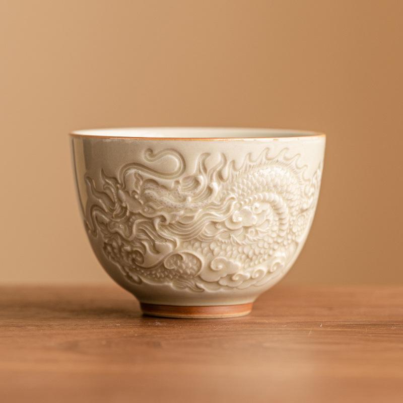 Relief Dragon Pattern Ceramic Tea Cup Chinese Kung Fu Tea Set for Home Office Christmas Gift Traditional Gongfu Tea Cup 140ml