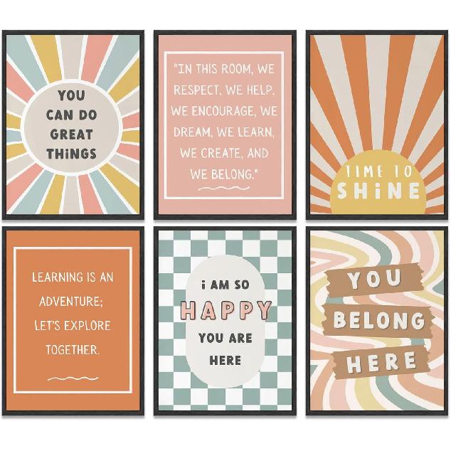 6Pcs Boho Pirational Posters Wall Art Positive Affirmations Growth Mindset Canvas Wall Decor Pictures Modern Classroom School Posters Wall Prints for