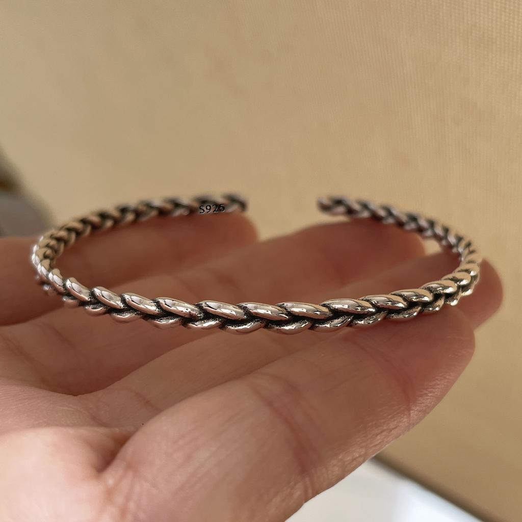 100% Solid 925 Sterling Silver Metal Bracelet for Women Vintage Handmade Simple Retro Black Stone Bracelet Birthday Gift Party