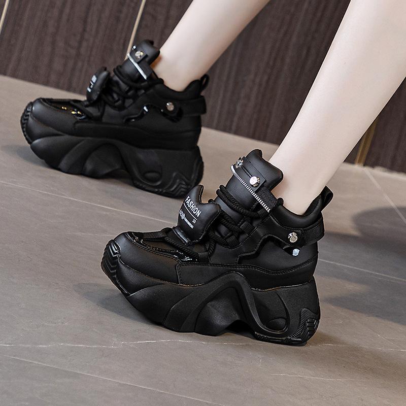 Womens White Black High Top Platform Chunky Sneakers Hidden Heel Lift Zipper Detail Casual Dad Shoes For Daily Wear New Autumn