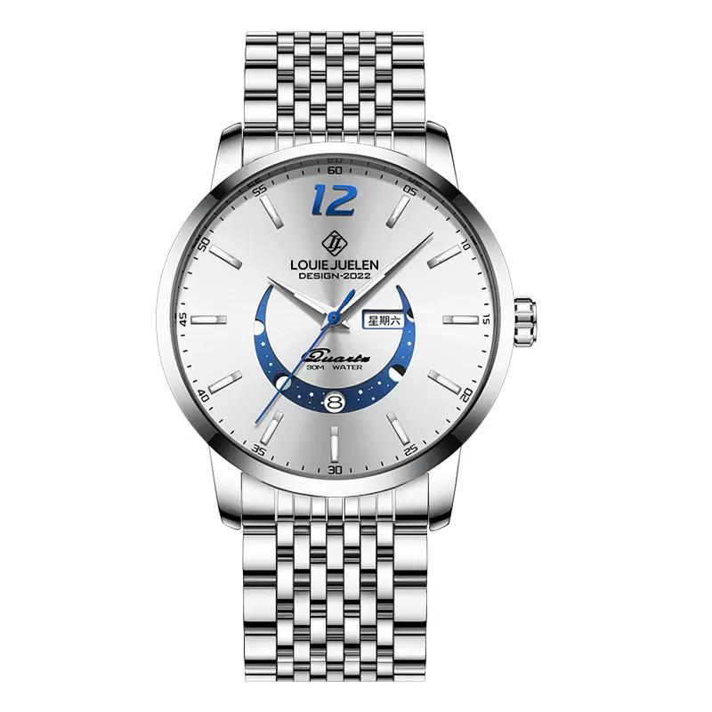 LOUIE JUELEN 9284 Neues Mondphasen-Design Edelstahl Lederarmband Herren Modeuhr Leuchtzeiger Funktion Einfaches Zifferblatt Herrenuhren