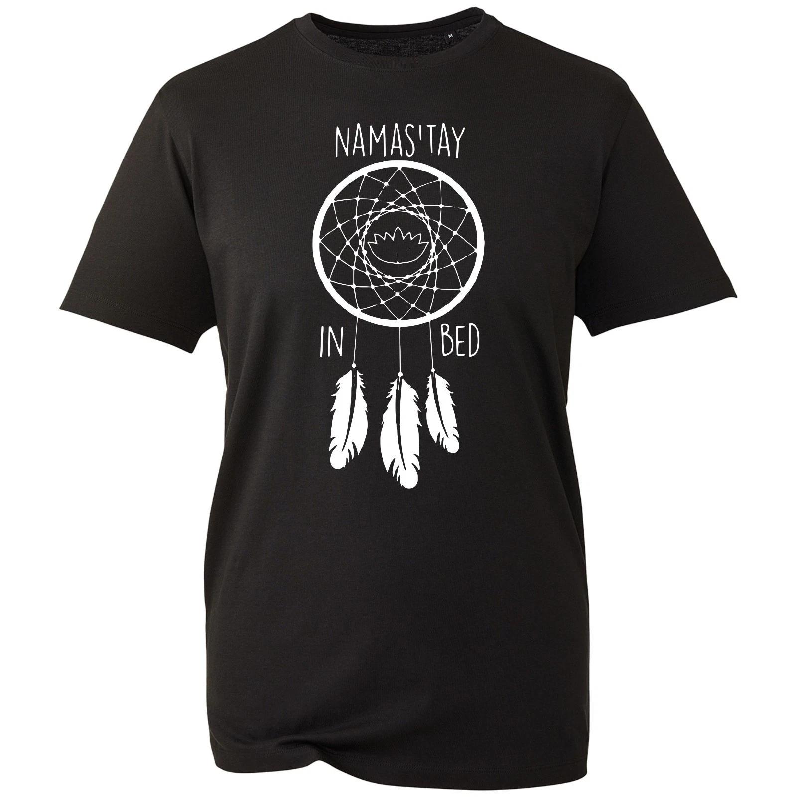 Namaste In Bed T-shirt Humerous Yoga Gym Joke Printed Top Unisex Men s Gift Tee 2XL