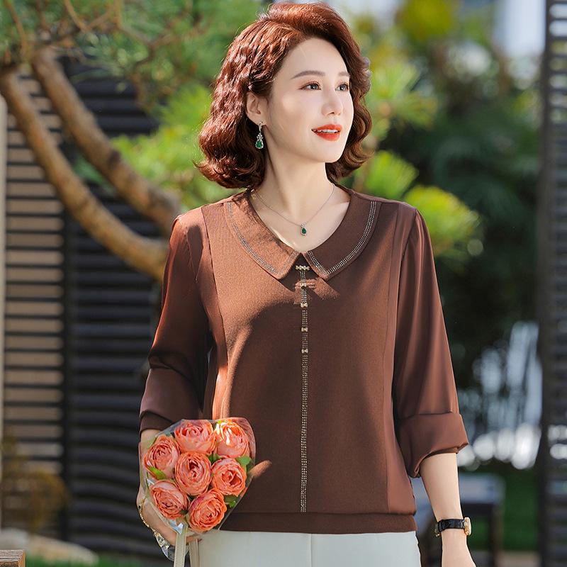 Elegant Silk-Like Long-Sleeve Tops for Middle-Aged Women