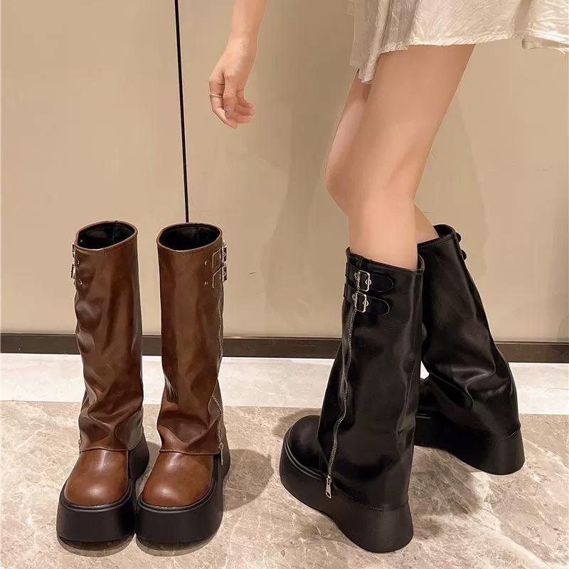 Women Round Toe Thick Soled Belt Buckle Winter Mid Calf Boots Winter Autumn Motorcycle Boot Soft Leather Side Zip