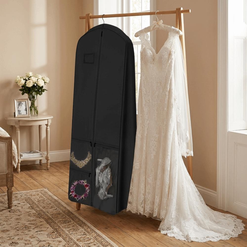 Folding Wedding Dress Garment Bag Non-Woven Large Capacity Gusseted Dress Bags Dust-Proof with Shoe Pockets Travel Garment Bag