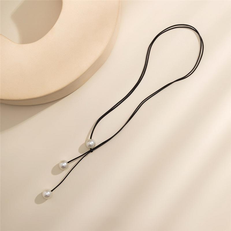 

Trendy Imitation Pearl Black Color Rope Chain Necklace Women Statement Handmade Pendant Adjustable Neck Jewelry Gift