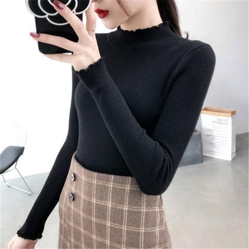 Frühling Herbst Slim Fit Gestrickte Pullover Frauen Lange Ärmeln Geraffte Stricken Tops Halb Hohen Kragen Stricken Pullover