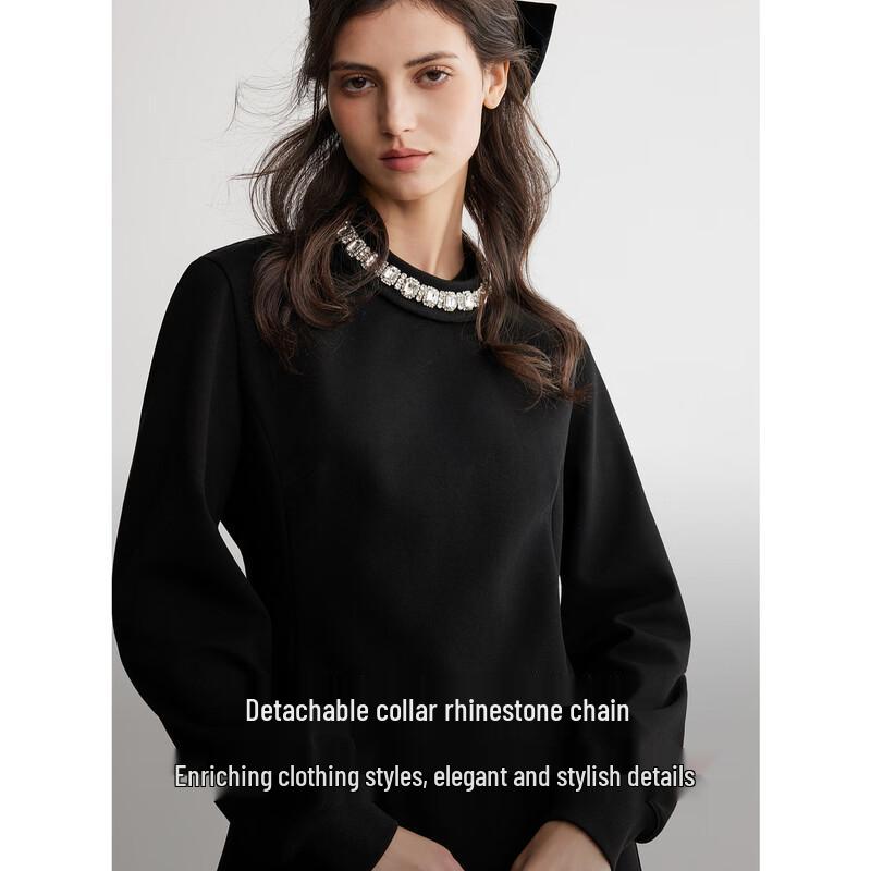 ELLE Elegant Black Diamond Chain Long-Sleeve Dress