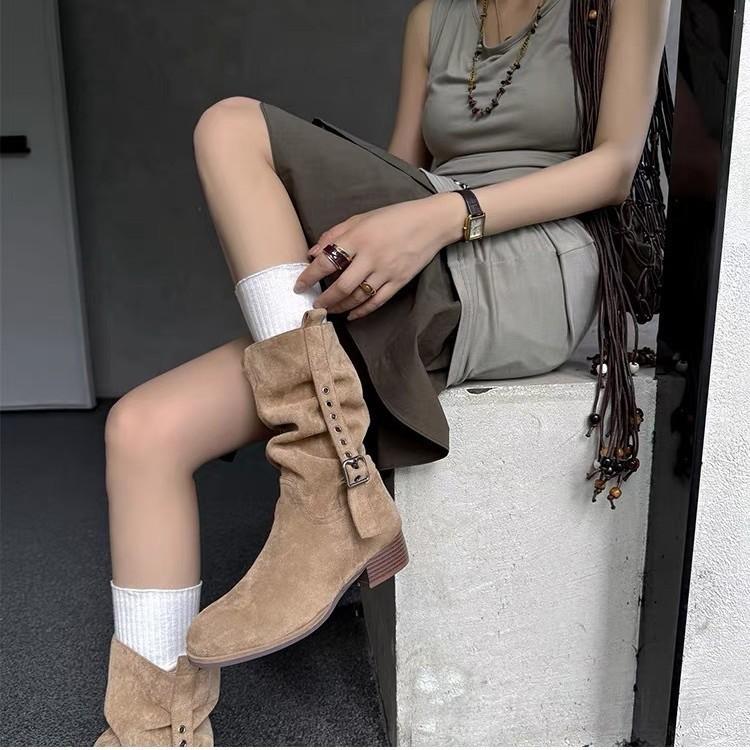 Sheepskin Vintage Skinny Pleated Pile Boots Brown Merad Medium Boots Women's Coarse Heel Western Cowboy Boots Short Boots