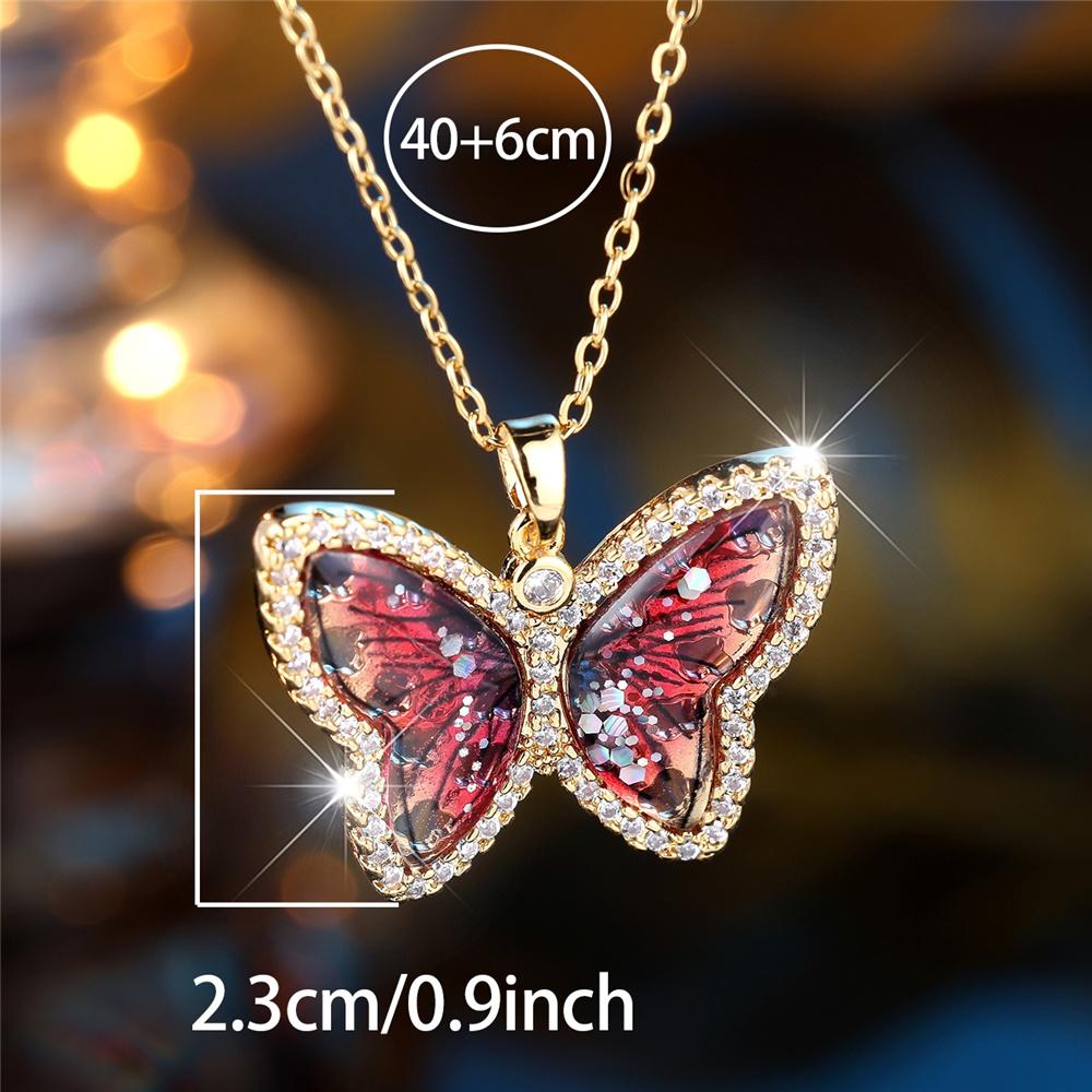 Female Crystal White Zircon Red Stone Cute Butterfly Pendant Necklace Vintage Gold Color Wedding  For Women