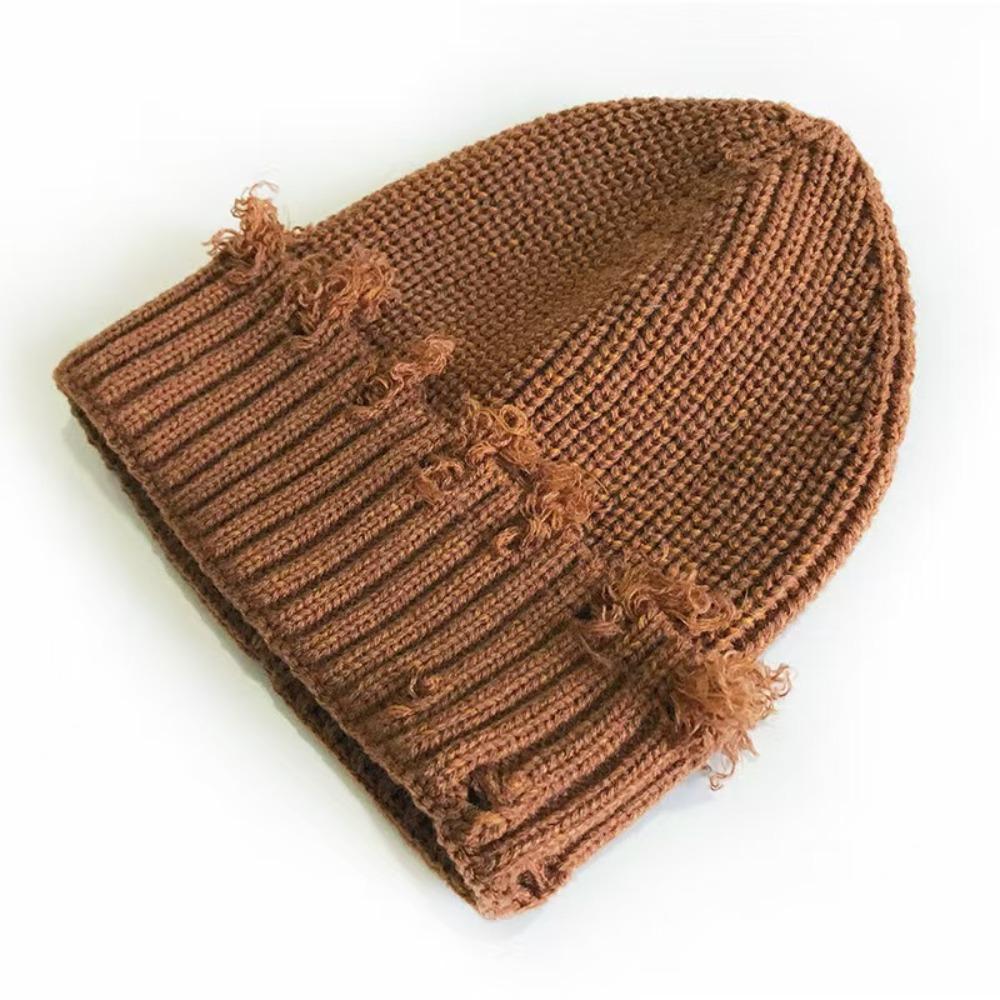 New Dilapidated Hole Knitted Hat Thickened Solid Color Hip-Hop Hat Ear Protection Beanie Cap Unisex кофейный