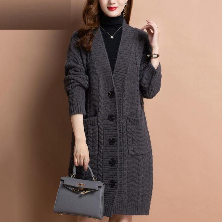 Women Loose Large Size Autumn Winter Knitwear Cardigan Mid Length Sweater Jacket Outerwear M черный серый