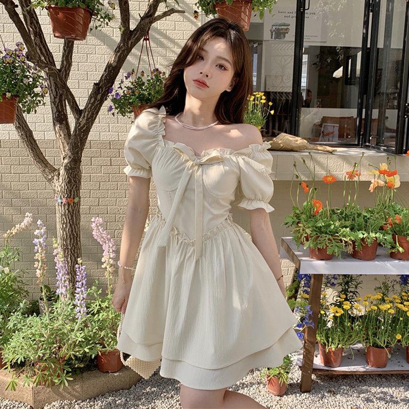 Summer Bubble Sleeve Square Neck Dress Women's New Gentle Wind Lace-up Edge Waist Short Sleeve A-Word Women's Short Skirt